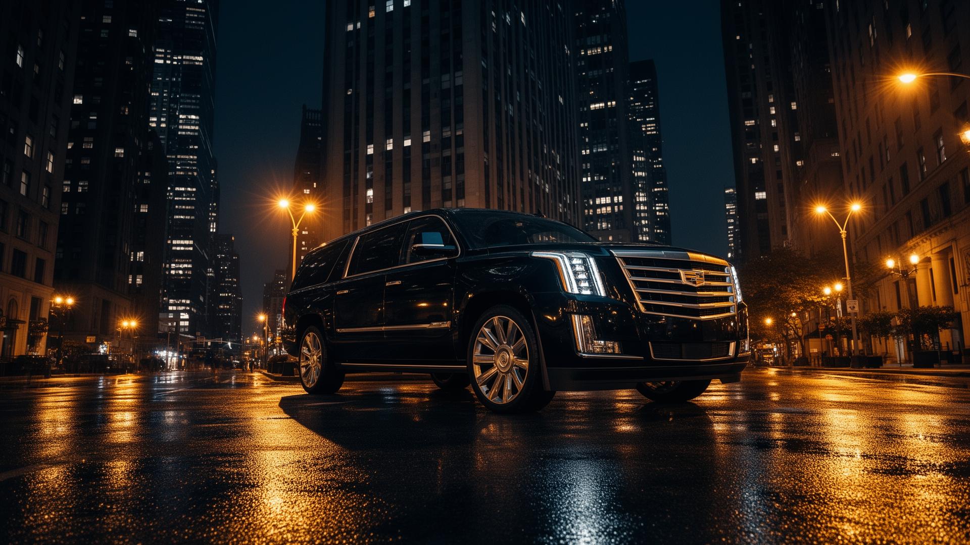 Black Cadillac Escalade ESV chauffeur service in Manhattan, NYC at night