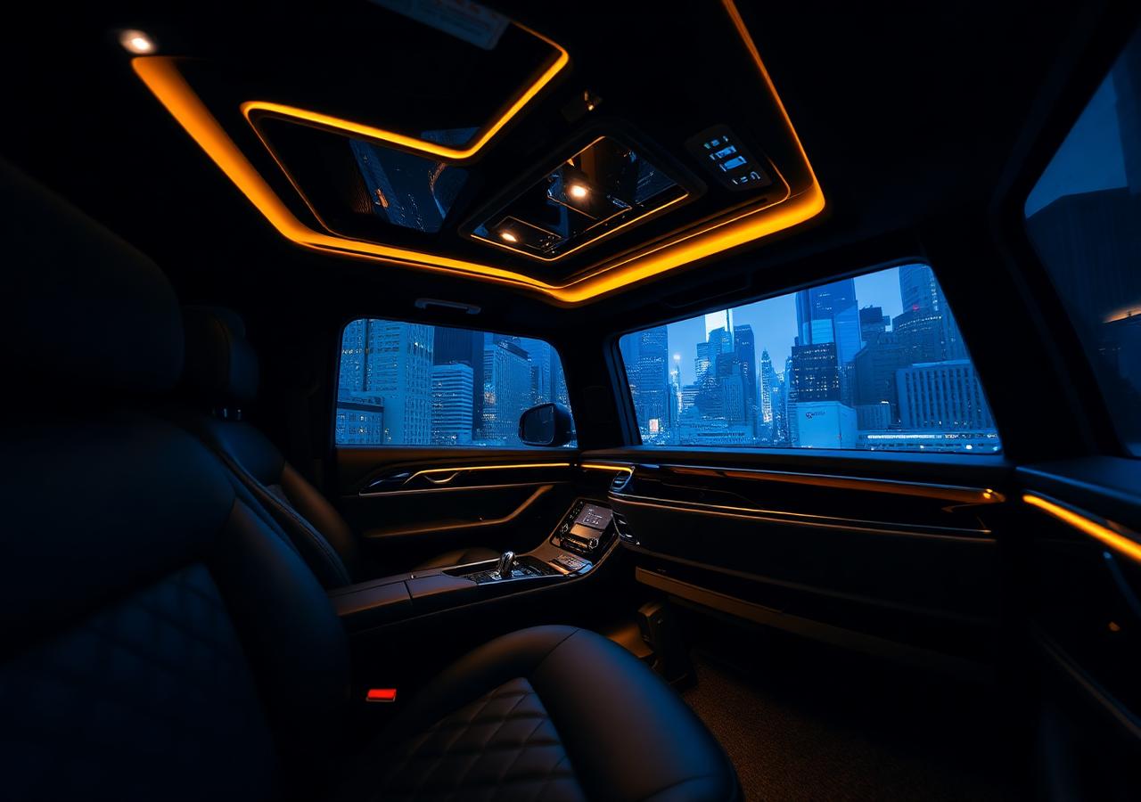 Luxury black SUV interior with ambient lighting and NYC view